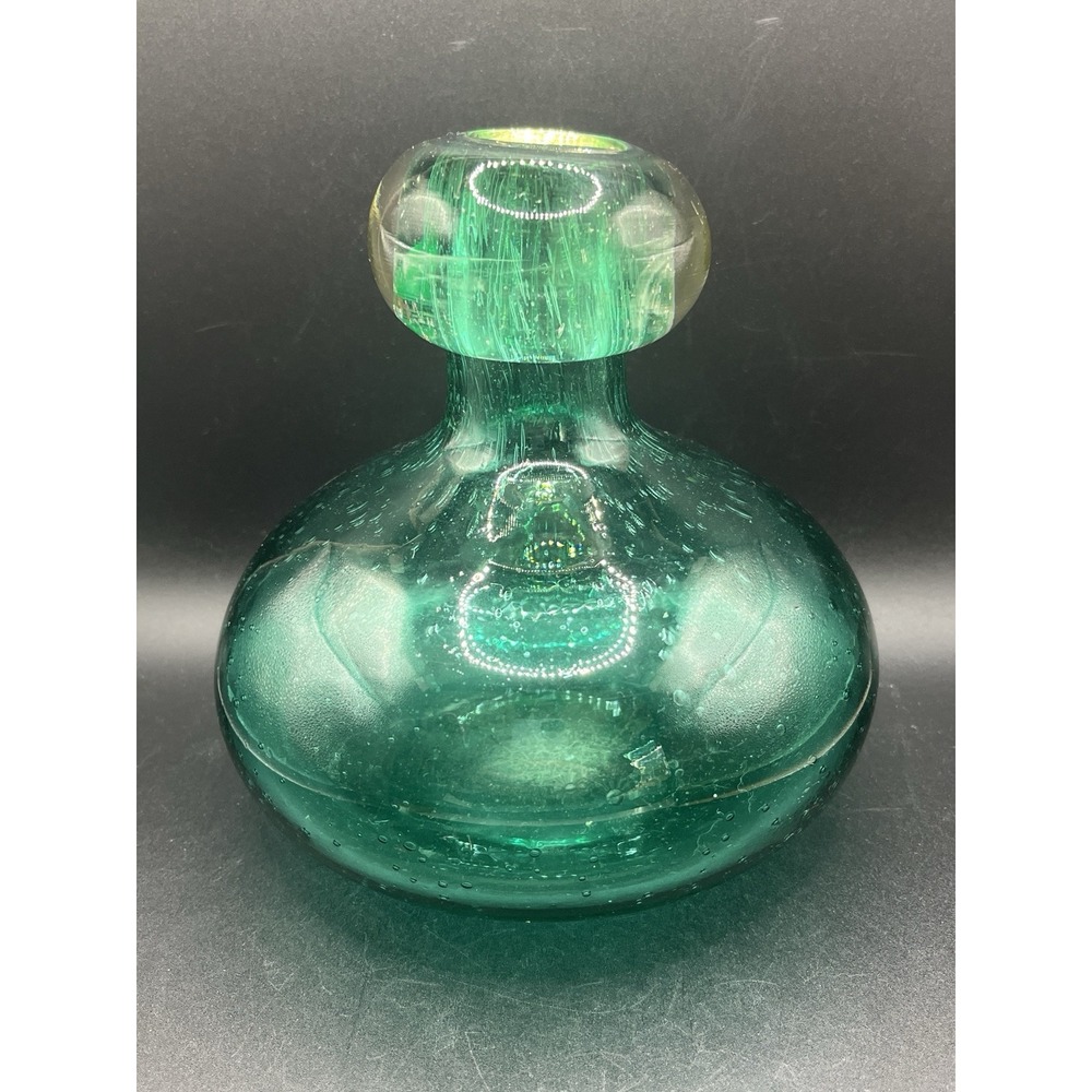 Aqua Bubbled Bulbous Glass Flower Vase w/ Bubbles‎ Vintage